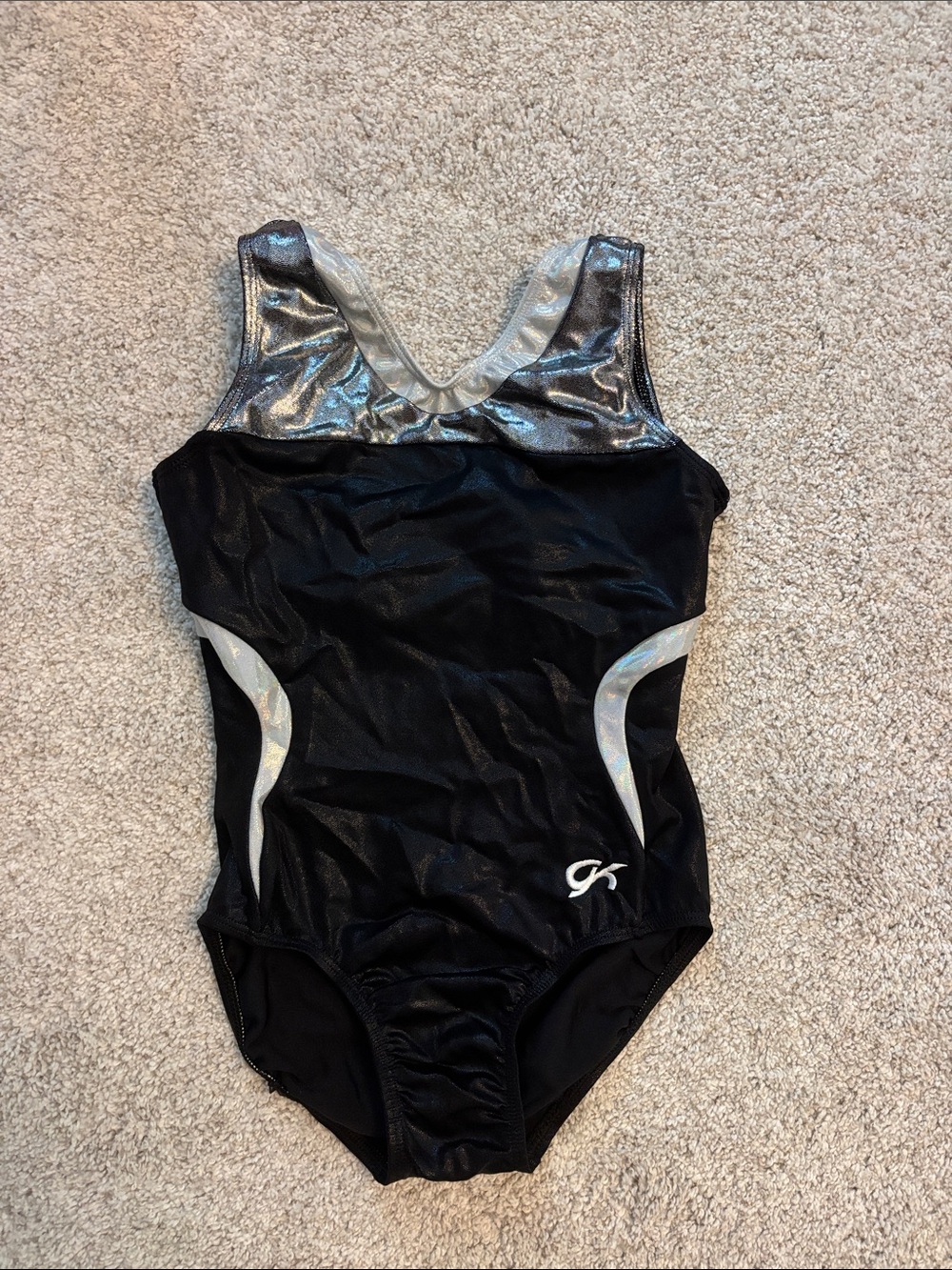 GK Metallic Silver and Black Girls Gymnastics Leotard